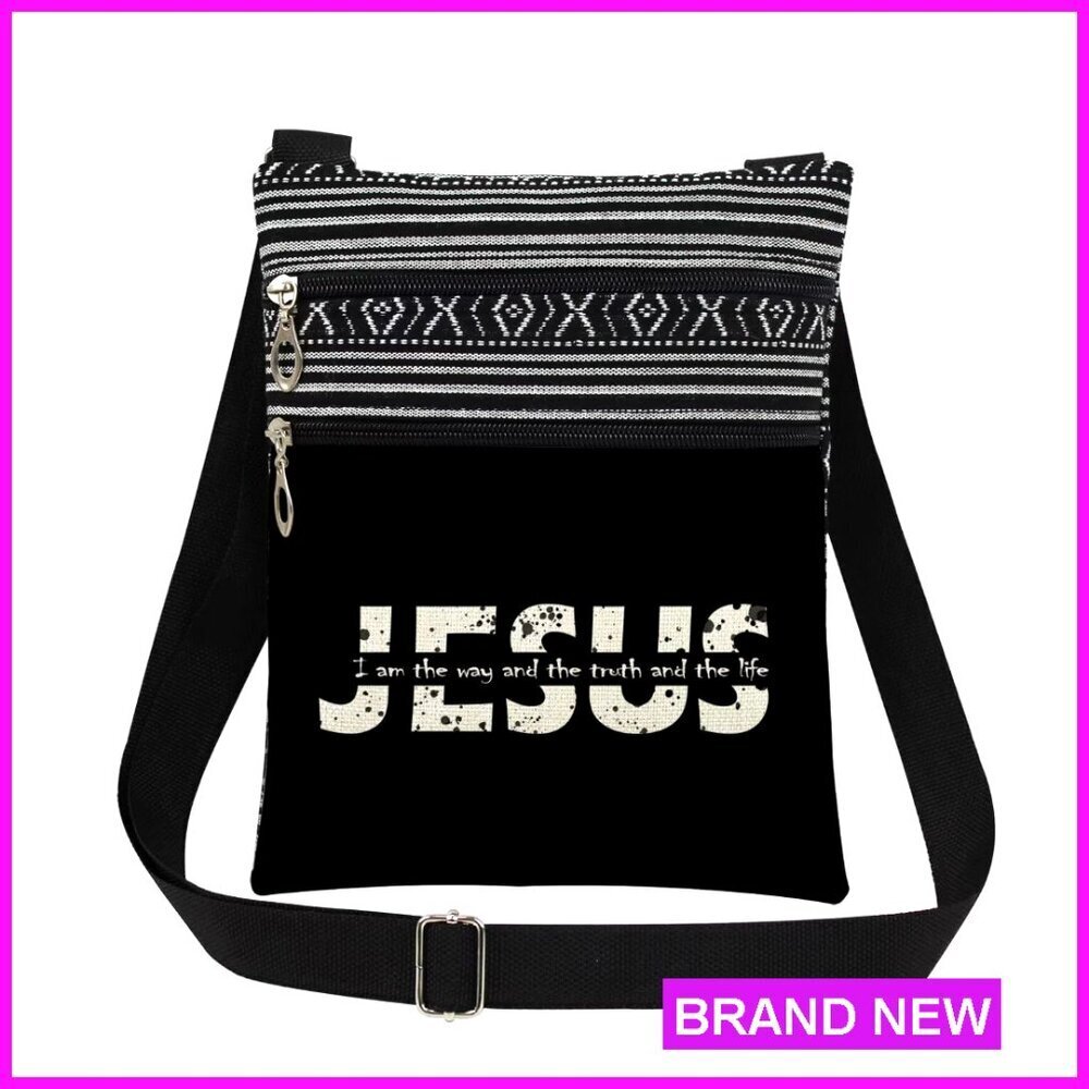 Jesus Scripture Print Crossbody Bag Adjustable Strap Lightweight Travel Purse